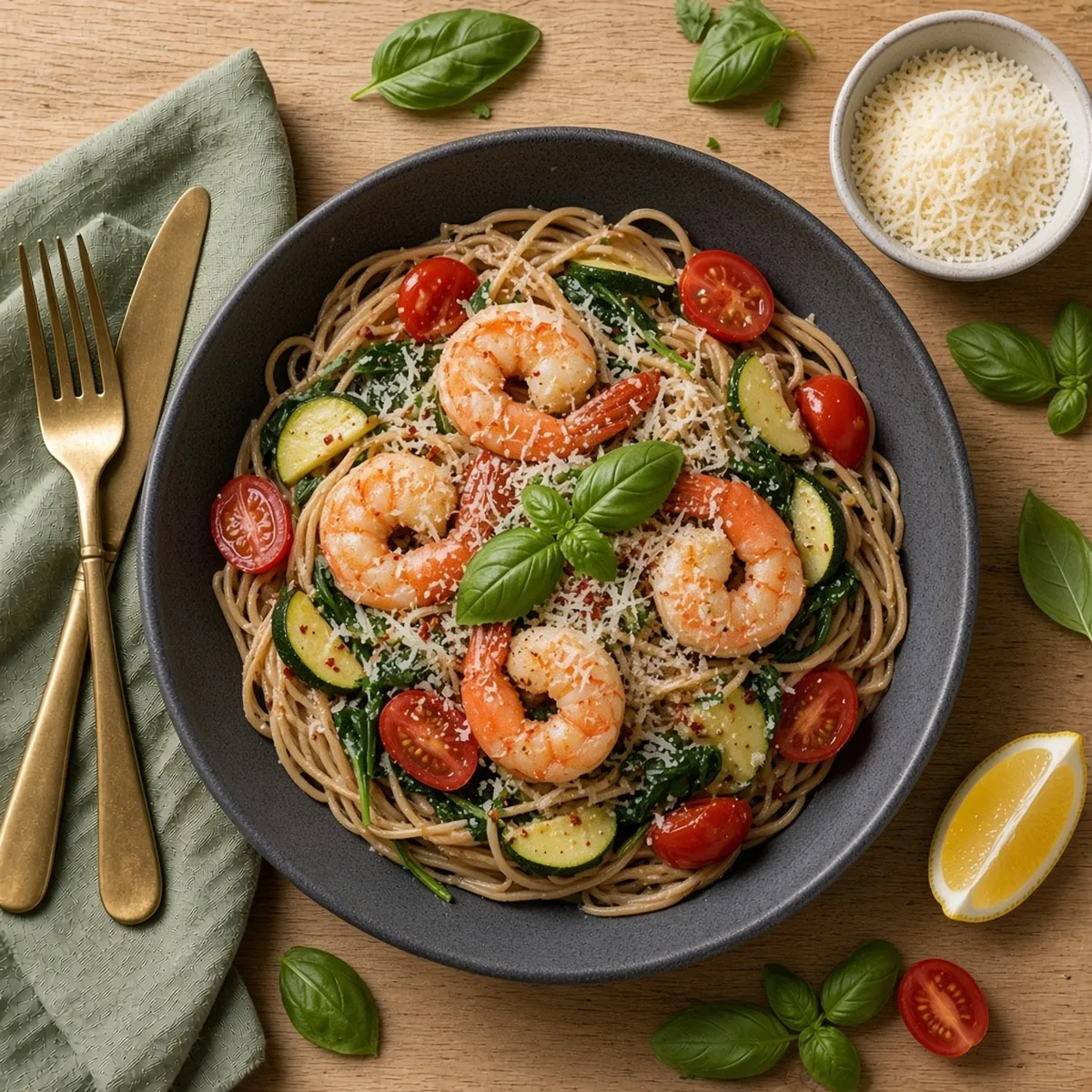 Garlic prawn, courgette and tomato wholewheat pasta