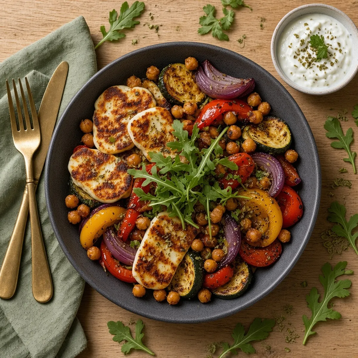 Halloumi, chickpea and pepper traybake