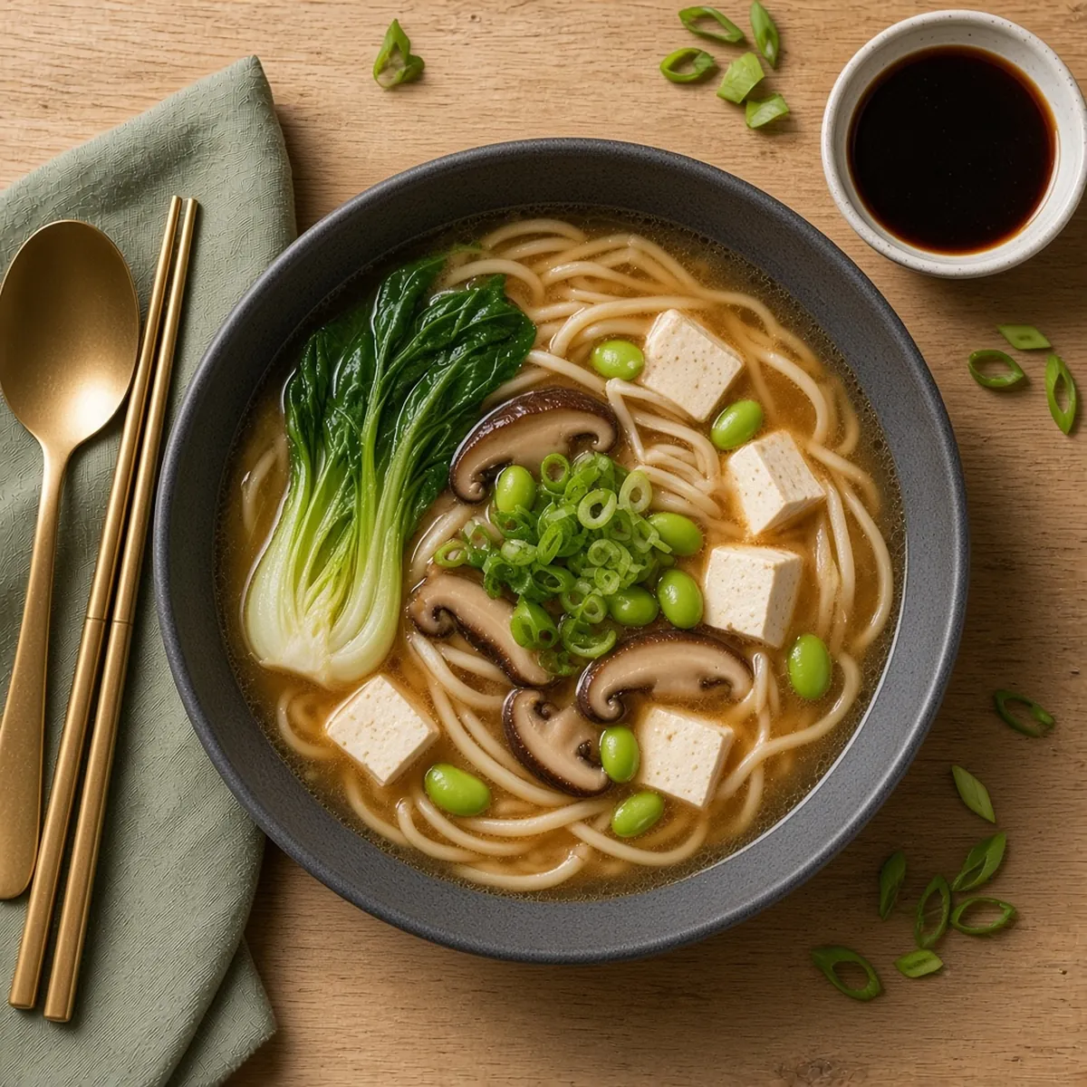 Miso noodle soup with tofu and greens