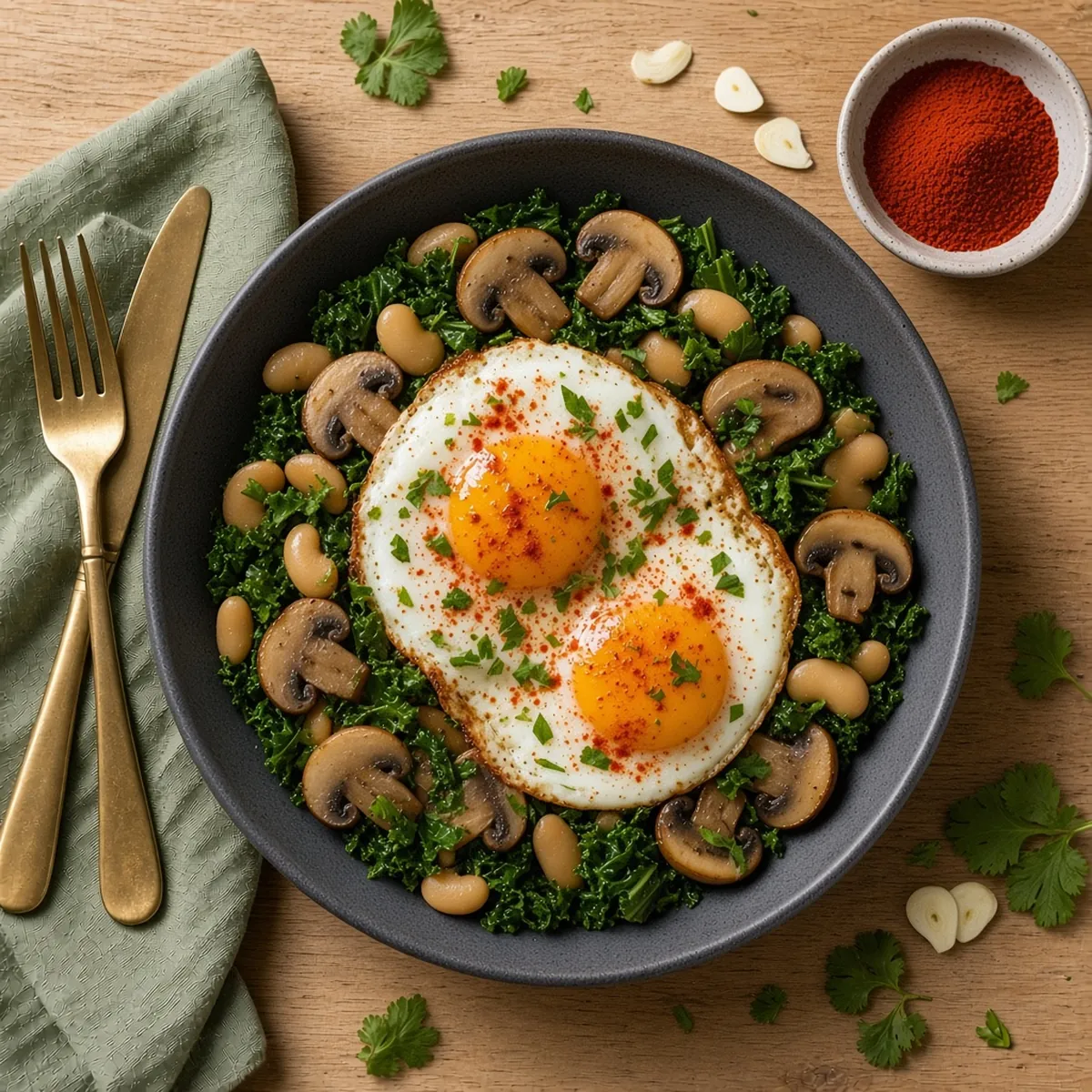 Mushroom, kale and butter bean breakfast pan