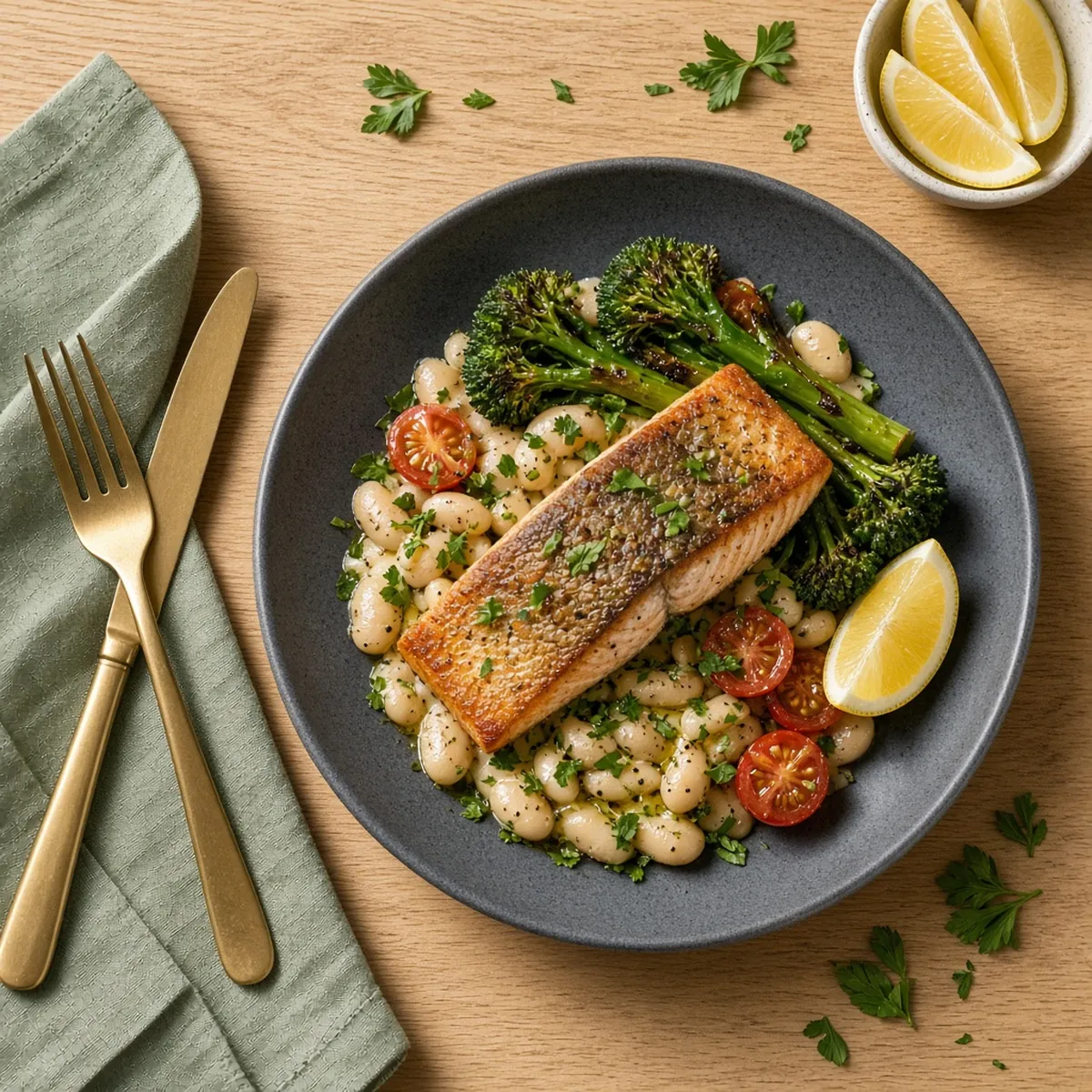 One-pan salmon with broccoli, butter beans and lemon