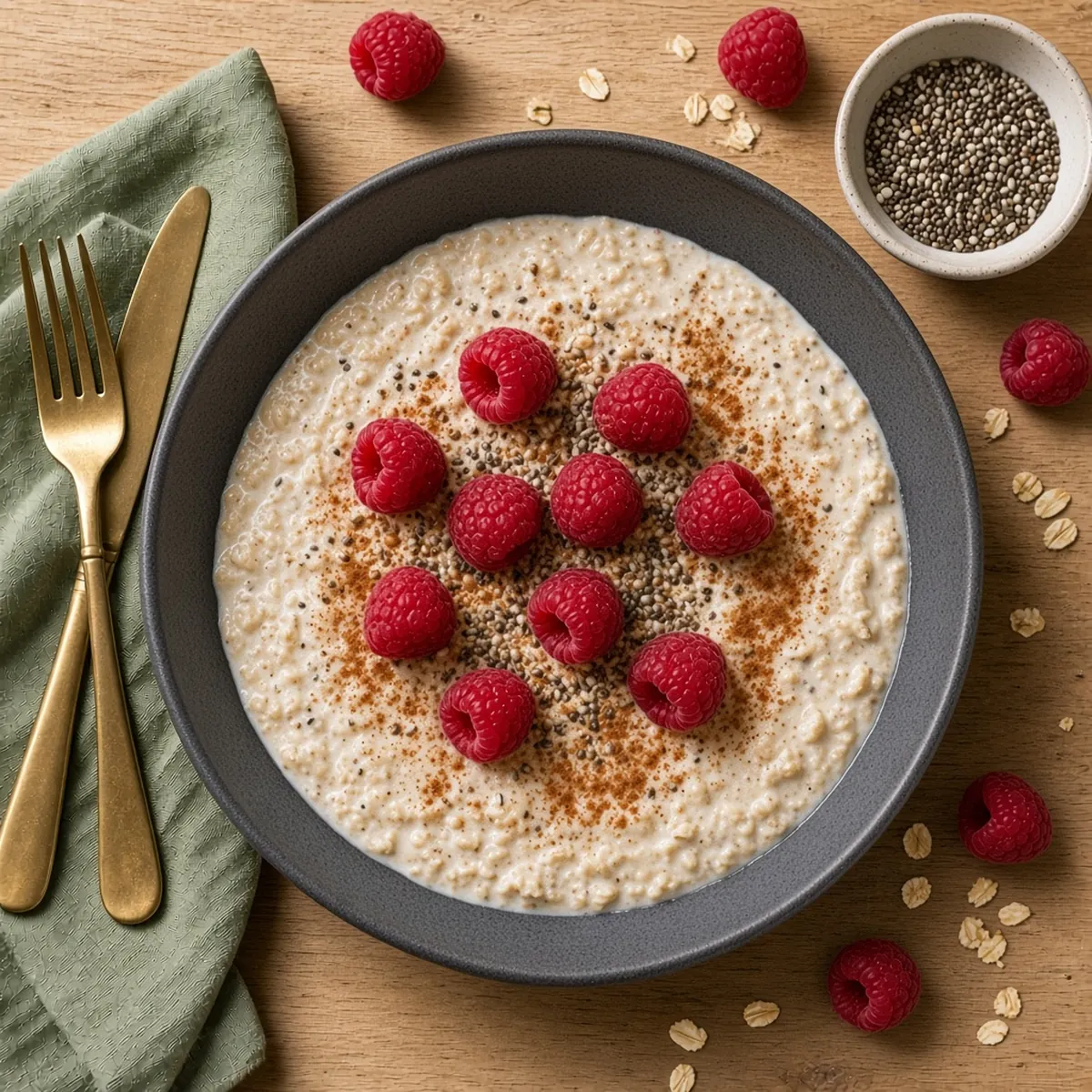 Overnight oats with raspberries and seeds