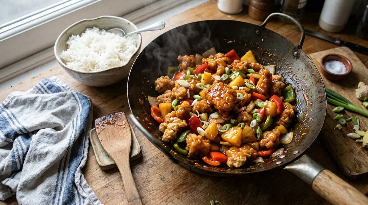 Sweet and sour chicken sweetened with pineapple