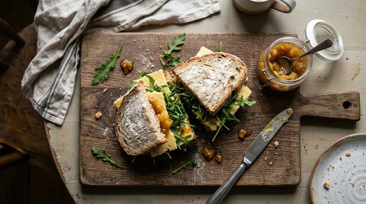 Cheddar and crunchy apple pickle sandwich