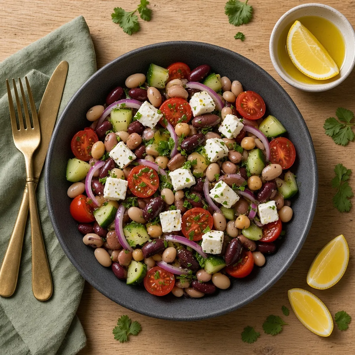Six-bean salad with feta, olives and herbs