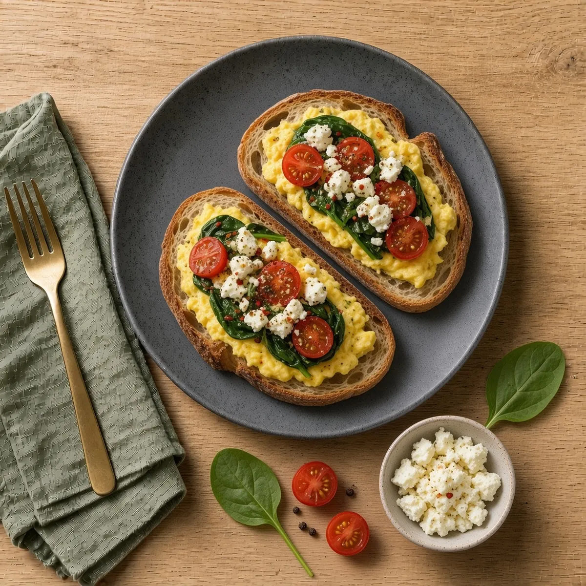 Spinach, tomato and feta eggs on sourdough