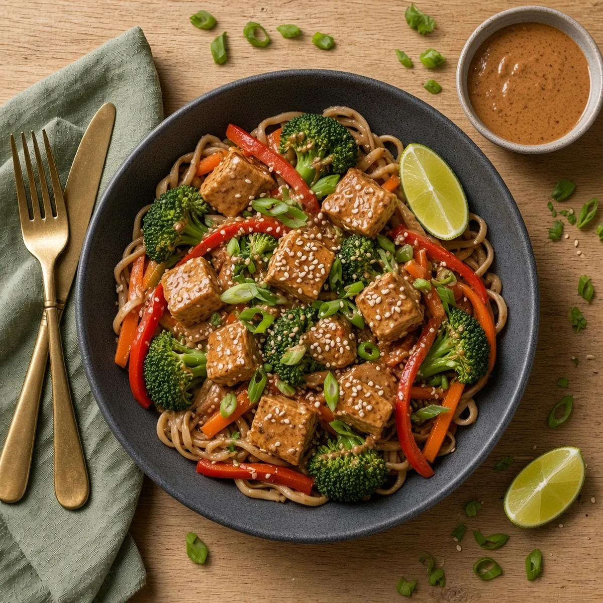 Tofu and veg stir-fry with almond and ginger sauce
